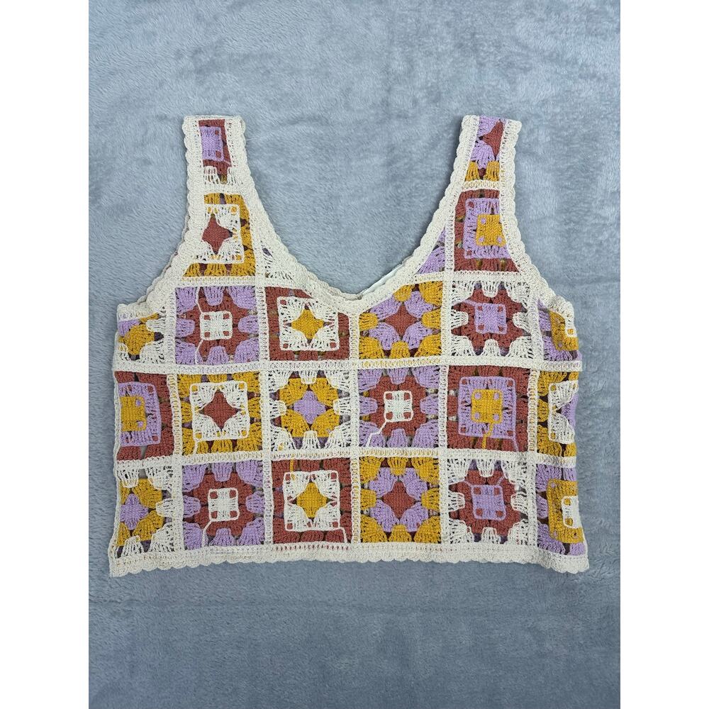 Rebellion Crochet Granny Square Patchwork Crop Tank Top Cottage Festival Boho M